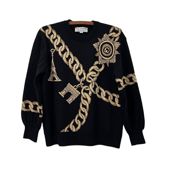 VTG ST JOHN Black Gold Paris Chain Charm Bracelet Graphic Santana Knit Sweater S